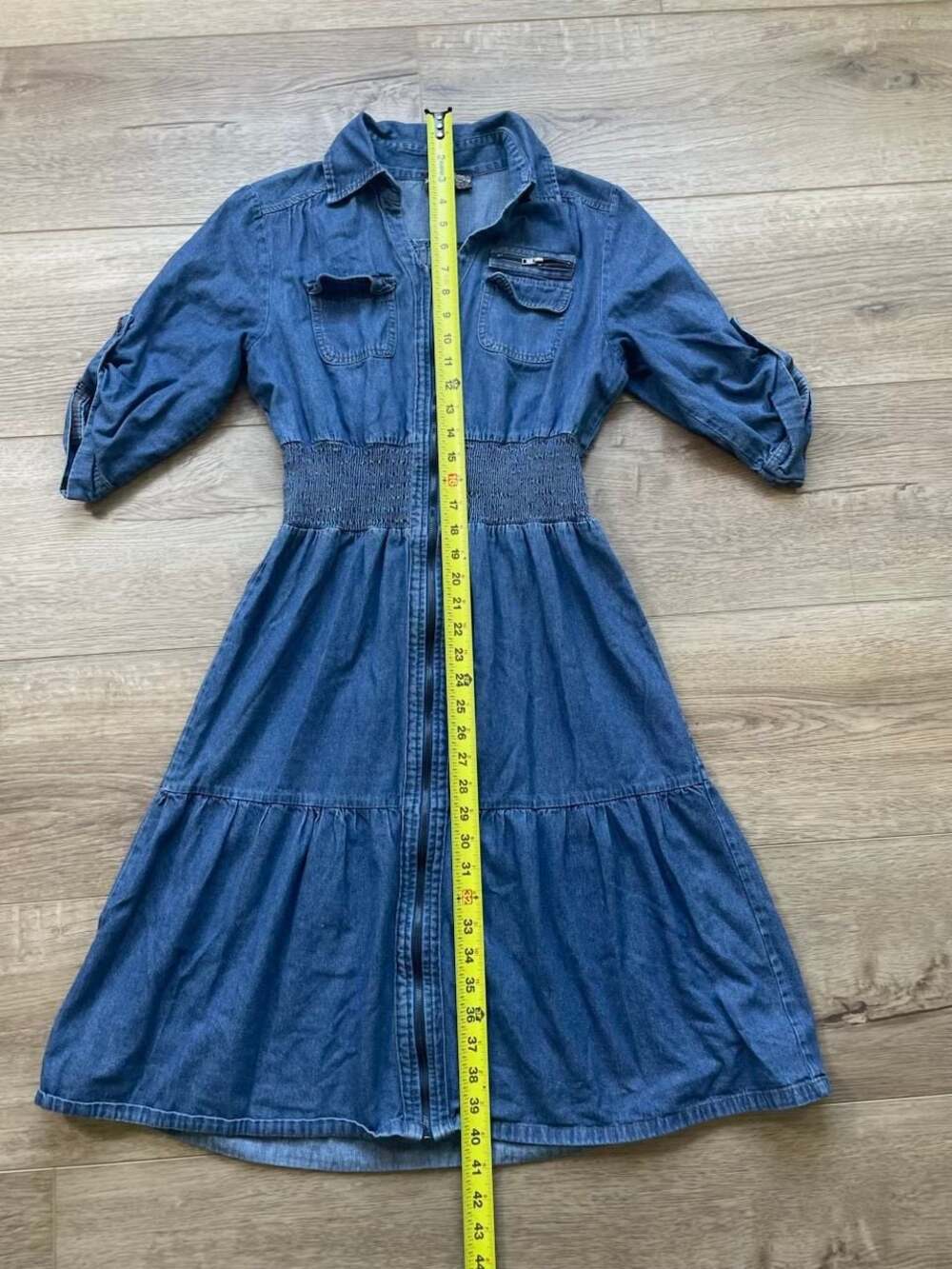 J Gee Denim Midi Dress Medium Zip Front Smocked Waist Roll Tab Chambray Blue - Picture 6 of 11